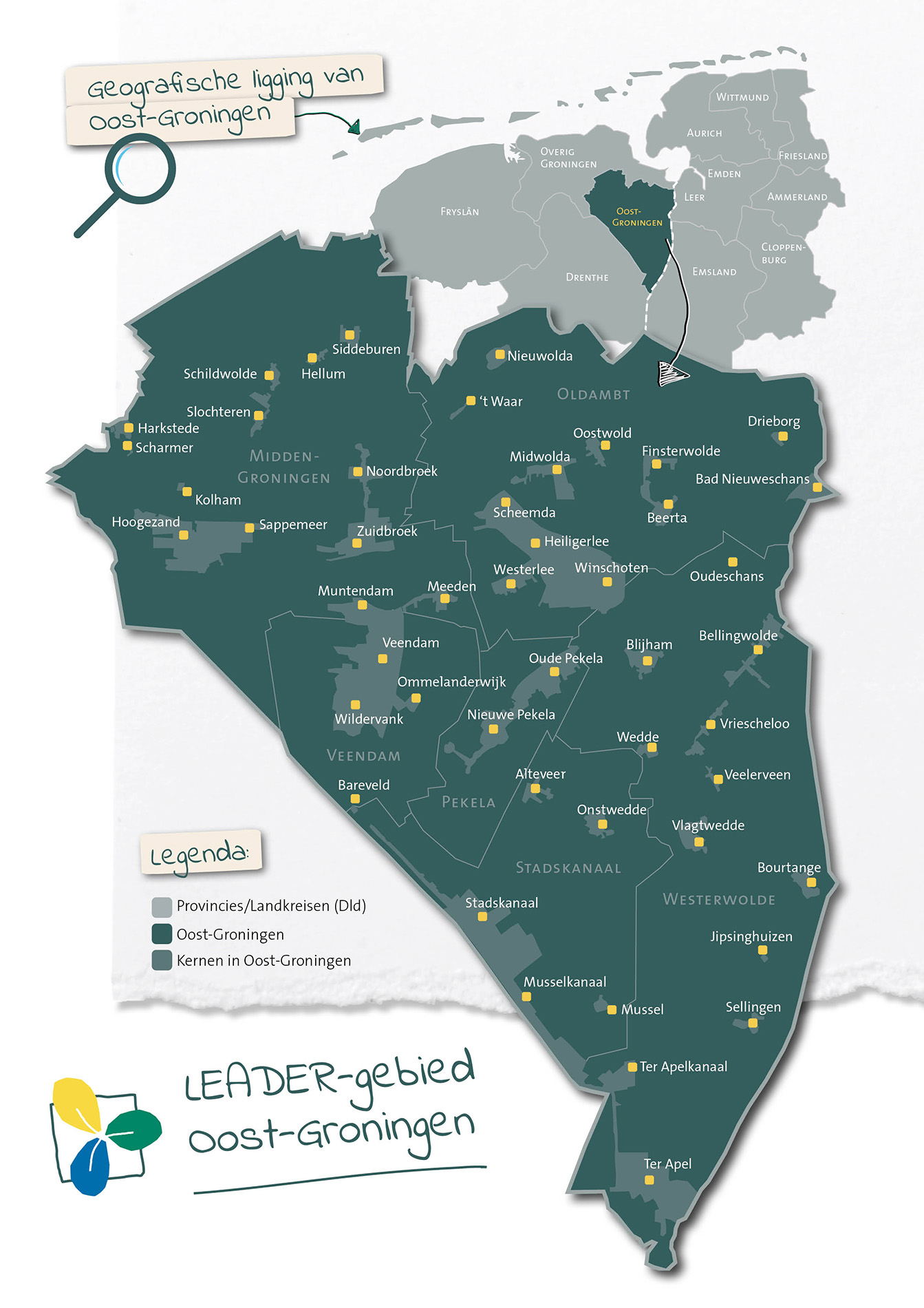 Plattegrond LEADER-gebied Oost-Groningen getekend door JantyDesign